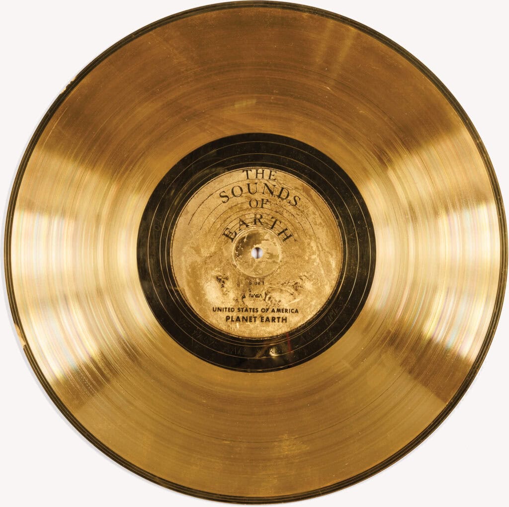 Nasa produced this gold-plated copper disc, titled “the sounds of earth,” in 1977 to accompany the voyager interstellar spacecraft. The disc contains a selection of sounds and images intended to portray the diversity of life and culture on earth. National audio-visual conservation center