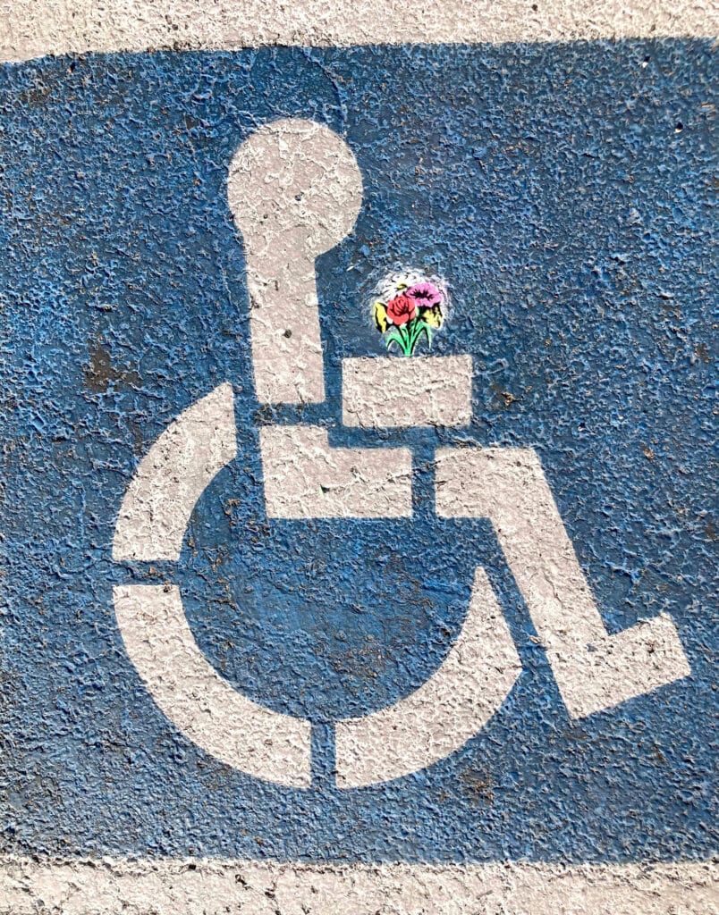 Accessible government websites: painted wheelchair access figure holding graffitied flowers